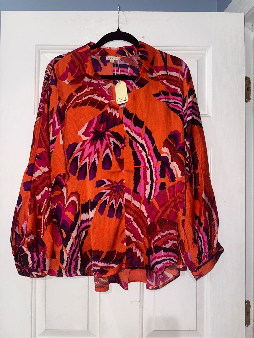JODIFL Orange Pink & Purple Printed Button-Down Blouse
